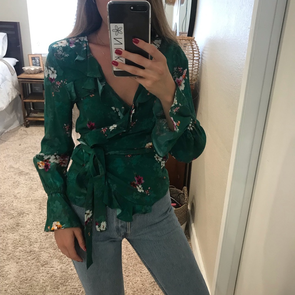 Green floral wrap shirt